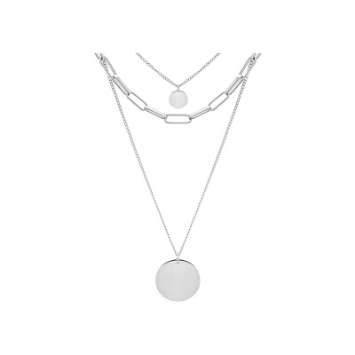 Collier acier 3 rangs avec 2 pendentif rond 38+5cm (40-45)