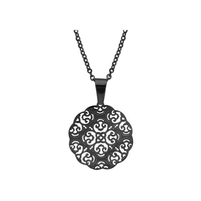 Collier acier traitement noir avec pendentif rond filigrane 43+4cm