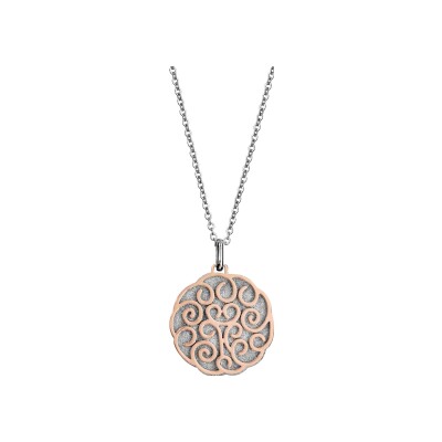 Collier acier pendentif double superposé 1 givre 1 decoupe motif volute pvd rose 39+5cm