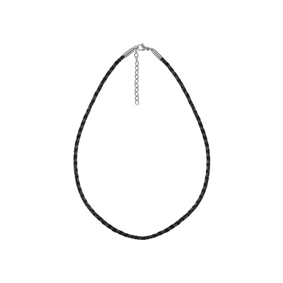 Collier cordon cuir bovin tresse noir fermoir mousqueton acier 45cm + 5cm