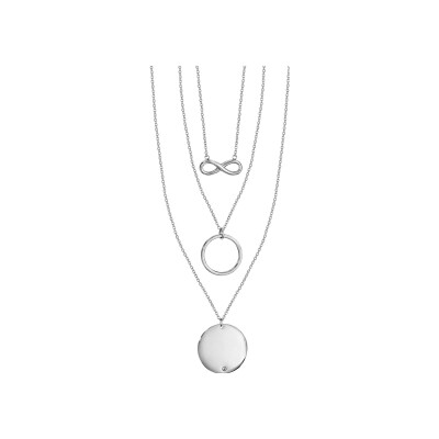 Collier acier 3 longueurs 3 pendentifs infini et cercle avec 1 oxyde 40cm-65cm-85cm