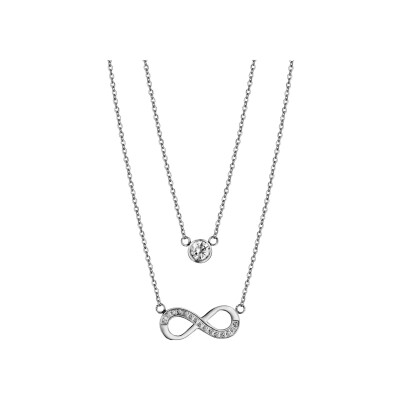 Collier acier double chaîne 1 oxyde blanc serti clos 1 motif infini oxydes blancs sertis 42+3cm
