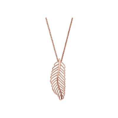 Collier acier et pvd rose pendentif plume 42+4cm