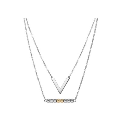 Collier acier double chaîne forme v et boules pvd doré 40+5cm