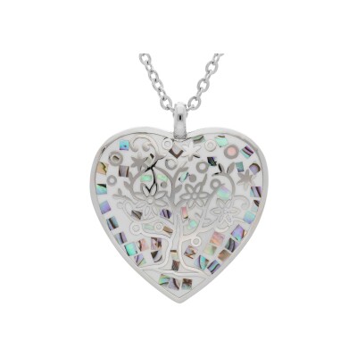 Collier acier stella mia forme coeur dim 32x30 arbre de vie bleu avec nacre 38+7cm