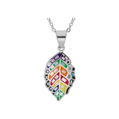 Collier acier stella mia pendentif motif feuille résine multi couleur et nacre 38+6cm