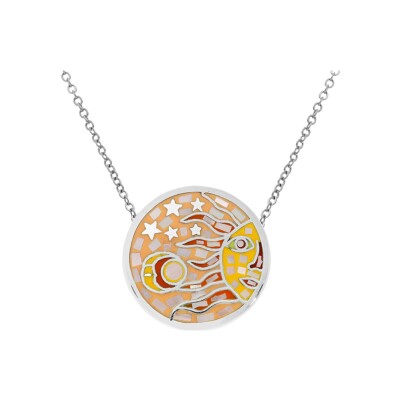 Collier acier stella mia rond soleil jaune orangé avec nacre en 45 cm + 10 cm