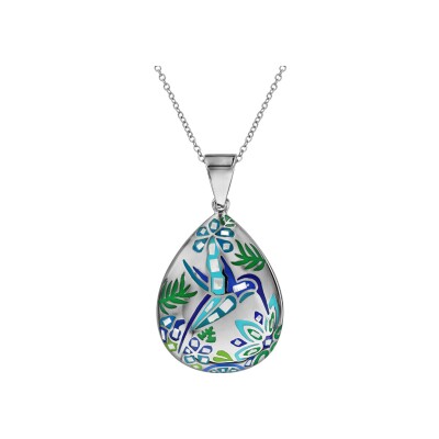 Collier acier et nacre stella mia forme ovale colibri bleu vert en 45 cm + 10 cm
