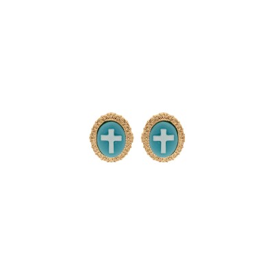 Boucles d'oreilles tige plaqué or style camée motif croix résine bleue