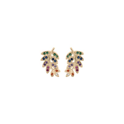 Boucles d'oreilles tige plaqué or feuille oxydes multi couleurs sertis