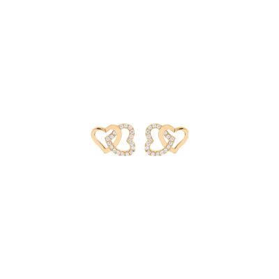 Boucles d'oreilles tige plaqué or double coeur entrelacé oxydes blancs sertis