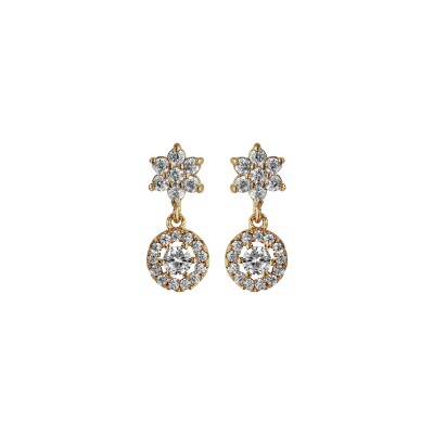 Boucles d'oreilles tige plaqué or fleur et pendant oxydes blancs sertis