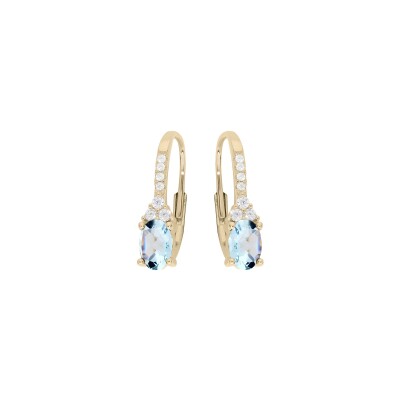 Boucles d'oreilles dormeuse plaqué or topaze bleu et oxydes blancs sertis