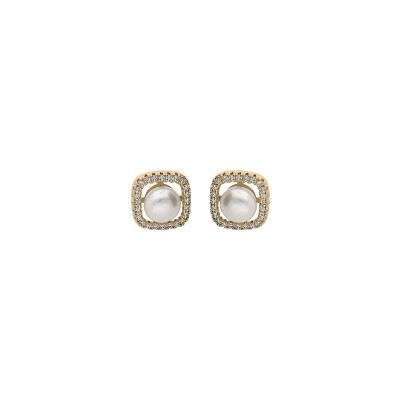 Boucles d'oreilles tige plaqué or carré oxydes blancs avec perle de culture d'eau douce blanche
