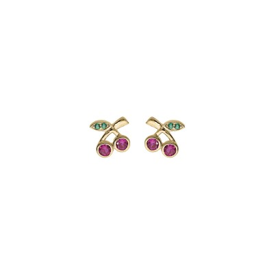 Boucles d'oreilles plaqué or cerise oxydes rouge et vert