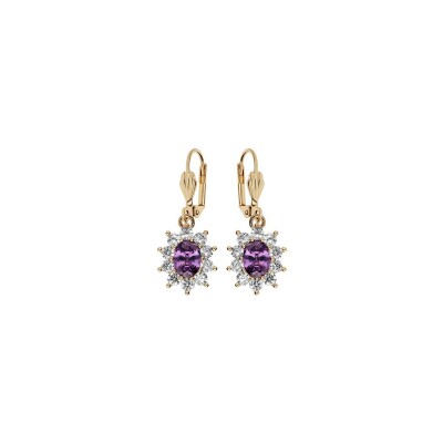 Boucles d'oreilles dormeuse plaqué or pierre synthétique ronde violette contour oxydes blancs sertis