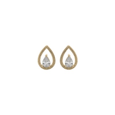 Boucles d'oreilles tige plaqué or forme goutte ajourée oxyde blanc serti