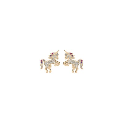 Boucles d'oreilles tige plaqué or licorne oxydes multi couleurs sertis