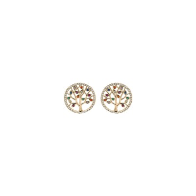 Boucles d'oreilles tige plaqué or arbre de vie 12mm oxydes multi couleurs et contour oxydes blancs sertis