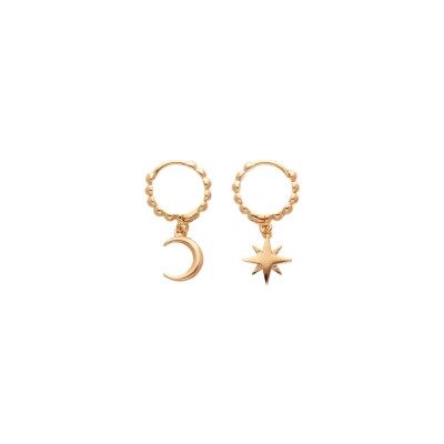Boucles d'oreilles créoles plaqué or boule pampille 1 étoile et l'autre lune