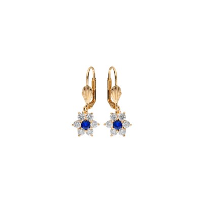 Boucles d'oreilles dormeuse plaqué or fleur marguerite oxydes centre bleu foncé et contour blancs sertis