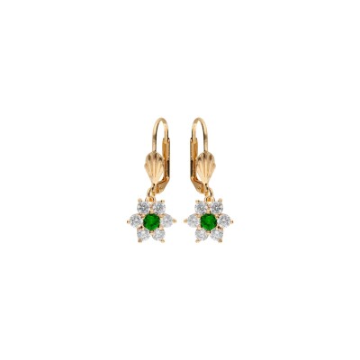 Boucles d'oreilles dormeuse plaqué or fleur marguerite oxydes centre vert foncé et contour blancs sertis