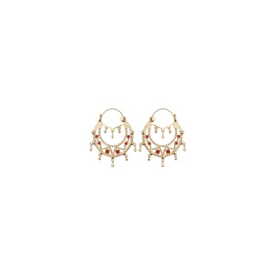 Boucles d'oreilles créoles ethniques plaqué or pierre rouge avec chainette diam 45mm