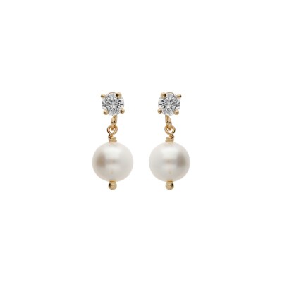 Boucles d'oreilles tige plaqué or oxyde blancs serti et pampille perle de culture d'eau douce