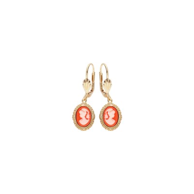 Boucles d'oreilles plaqué or camée résine rose système dormeuse