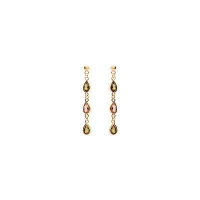 Boucles d'oreilles tige plaqué or pendantes gouttes oxydes verts et orangé