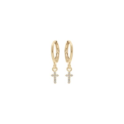 Boucles d'oreilles créoles plaqué or articulée pampille croix oxydes blancs sertis