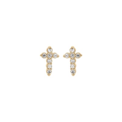 Boucles d'oreilles tige plaqué or puces croix oxydes blancs sertis dim 6 x 3 mm