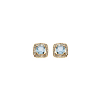 Boucles d'oreilles tige plaqué or massif pierre carré topaze bleue véritable contour oxydes blancs sertis