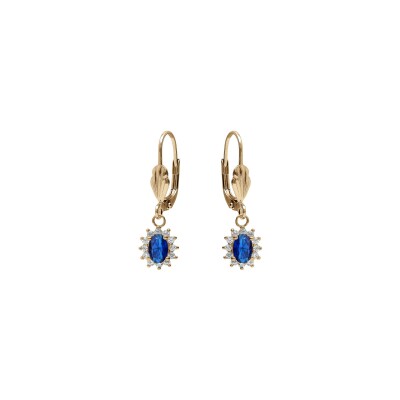 Boucles d'oreilles dormeuse plaqué or oxyde central bleu foncé entourage oxydes blancs 7.5mm x 9.5mm