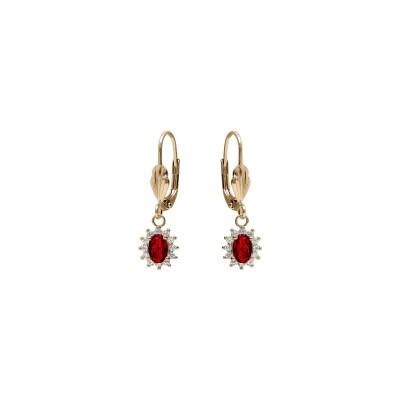 Boucles d'oreilles dormeuse plaqué or oxyde central rouge foncé entourage oxydes blancs 7.5mm x 9.5mm