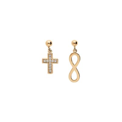 Boucles d'oreilles tige plaqué or 1 infini et 1 croix oxydes blancs sertis