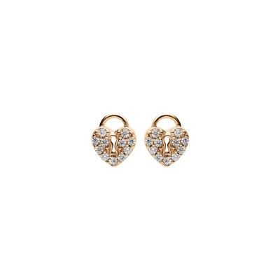 Boucles d'oreilles tige plaqué or cadenas coeur pavé oxydes blancs