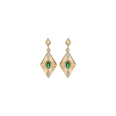 Boucles d'oreilles tige plaqué or forme losange oxyde vert serti clos