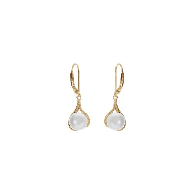 Boucles d'oreilles dormeuse forme goutte plaqué or perle de culture d'eau douce avec oxydes blancs sertis