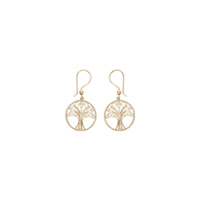 Boucles d'oreilles plaqué or crochet arbre de vie filigrane et oxydes blancs sertis