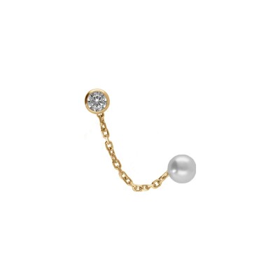 Boucles d'oreilles plaqué or chainette oxyde blancs 4mm serti clos et perle imitation blanche 5mm (2 trous)