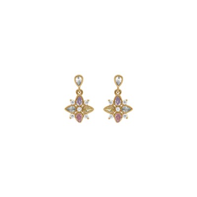 Boucles d'oreilles tige plaqué or pendante fleur oxydes couleurs pastelles serti clos
