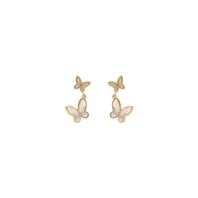 Boucles d'oreilles tige plaqué or pendante double papillon nacre blanche et oxydes blancs