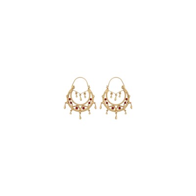 Boucles d'oreilles créoles ethniques plaqué or cristal rouge avec chainette diam 23mm