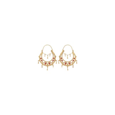 Boucles d'oreilles créoles ethniques plaqué or cristal rouge avec chainette diam 33mm