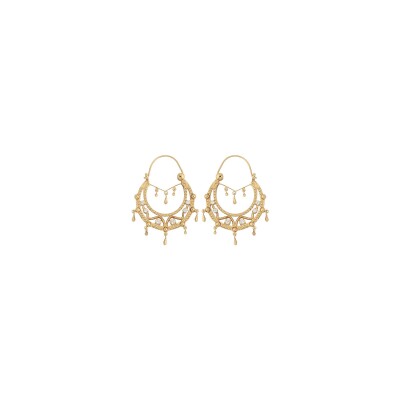 Boucles d'oreilles créoles ethniques plaqué or cristal blanc avec chainette diam 33mm