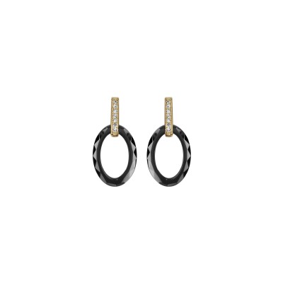 Boucles d'oreilles tige plaqué or pendant ovale céramique noire et oxydes blancs sertis