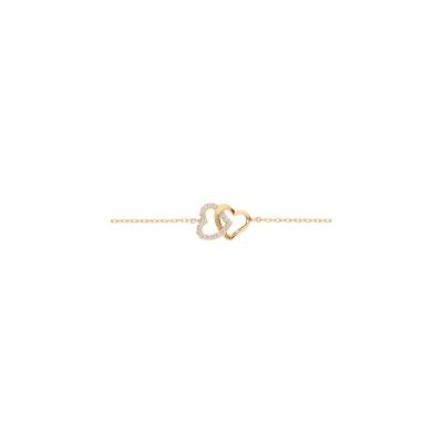 Bracelet plaqué or double coeur entrelacé oxydes blancs sertis 16+2,5cm