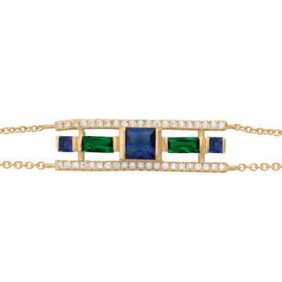 Bracelet plaqué or geometrique verre bleu foncé et vert contour oxydes blancs sertis 16+3cm