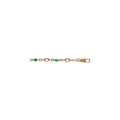 Bracelet plaqué or tutti frutti navette transparente et perle synthétique verte 16+3cm